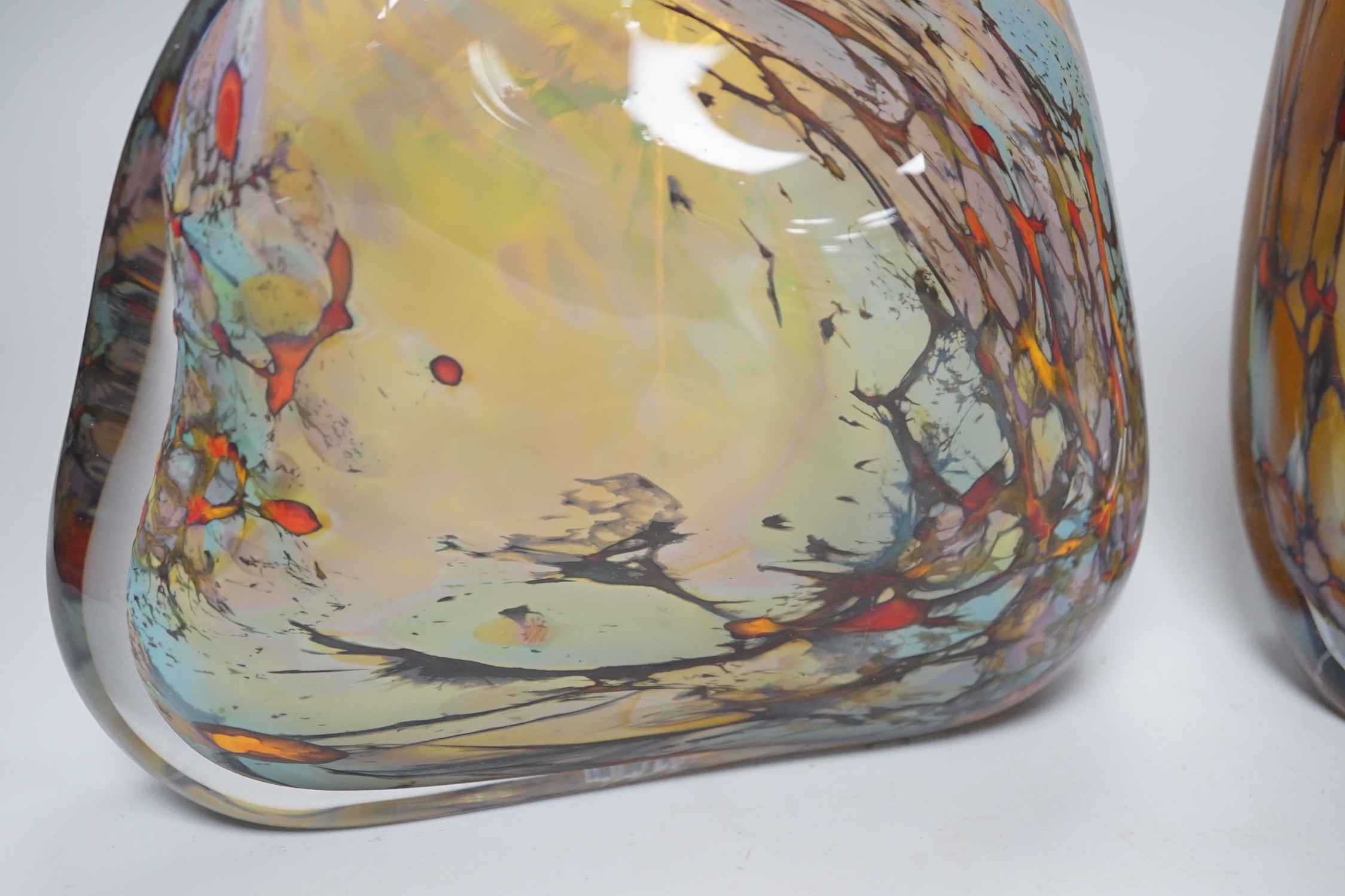 Two contemporary free-form studio glass vases, indistinctly signed, tallest 29cms high